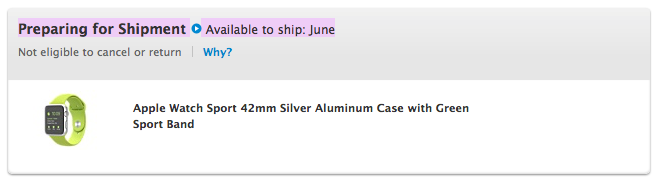 Screen capture of the Preparing Shipment notification with a note of the watch being available in June