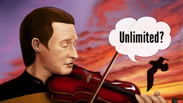 Data from Star Trek playing a violin with a thought bubble containing "Unlimited?"