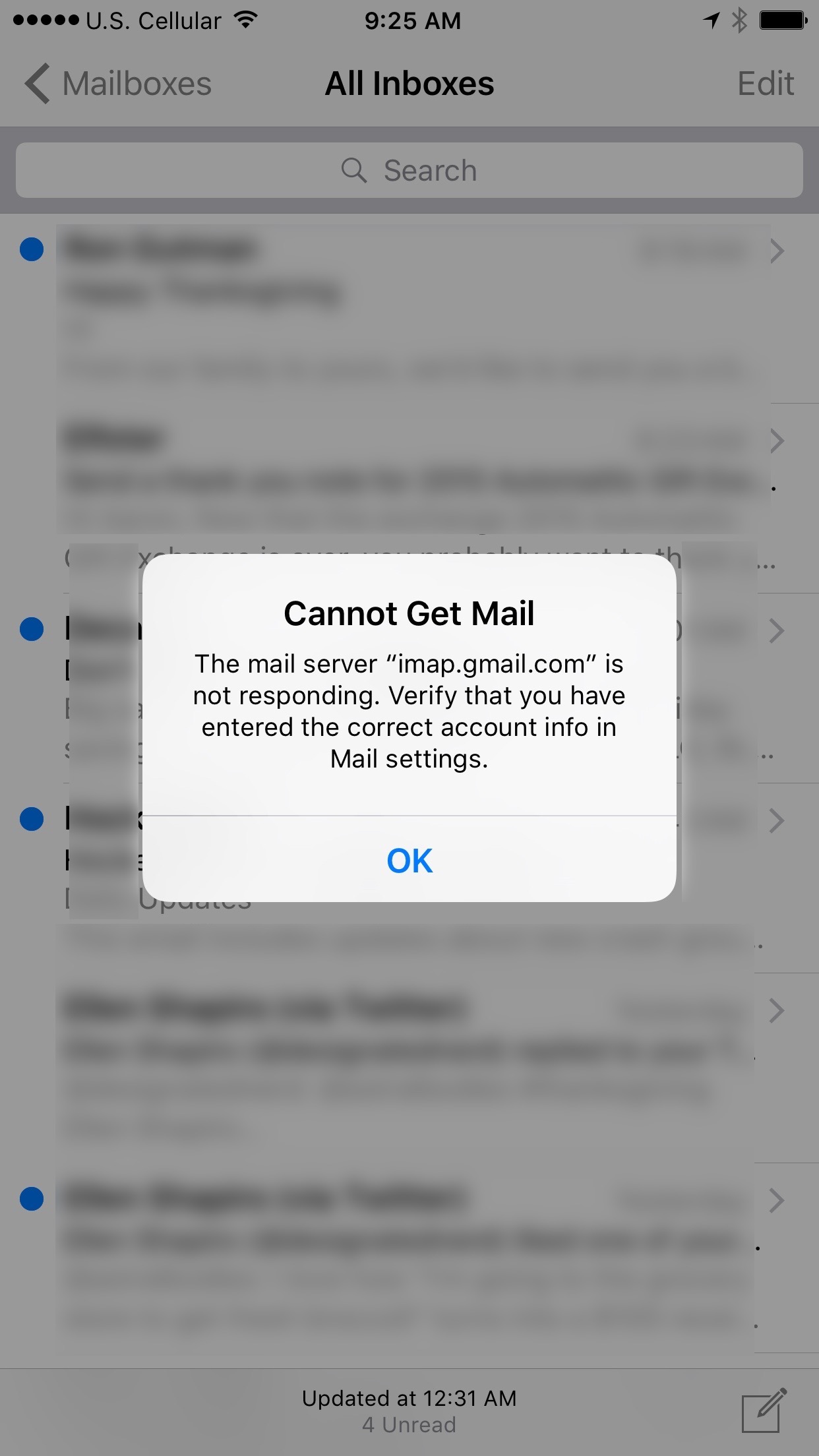 Cannot Get Mail - The mail server imap.gmail.com is not responding. Verify that you have entered the correct account info in Mail settings.