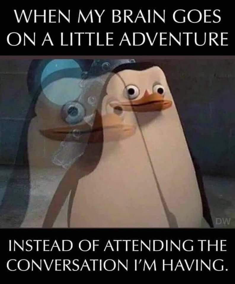 Picture of a cartoon penguin wide-eyed with the caption: When my brain goes on a little adventure instead of attending the conversation I'm having.